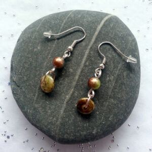Handmade Green Ceramic Bead Drop Earrings - Earthy Dangly Earrings with Natural Tones