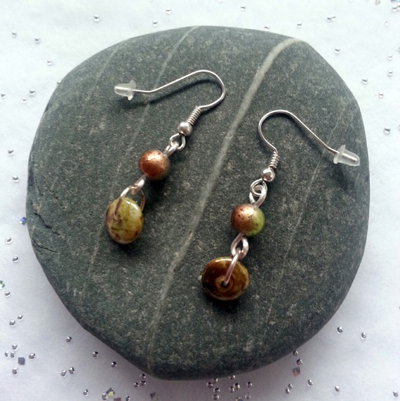 Handmade Green Ceramic Bead Drop Earrings - Earthy Dangly Earrings with Natural Tones