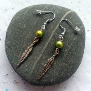Handmade Green Feather Earrings - Drop Dangle Earrings with Beads and Antique Silver Charms