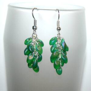 Handmade Green Miyuki Bead Cluster Earrings - Textured Drop Earrings with Iridescent Finish