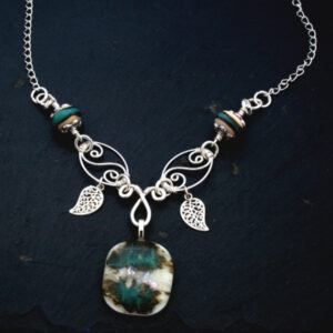 Handmade Green Wirework Necklaces with Fused Glass Pendant - Artisan Glass Beads And Leaf Charm Detail
