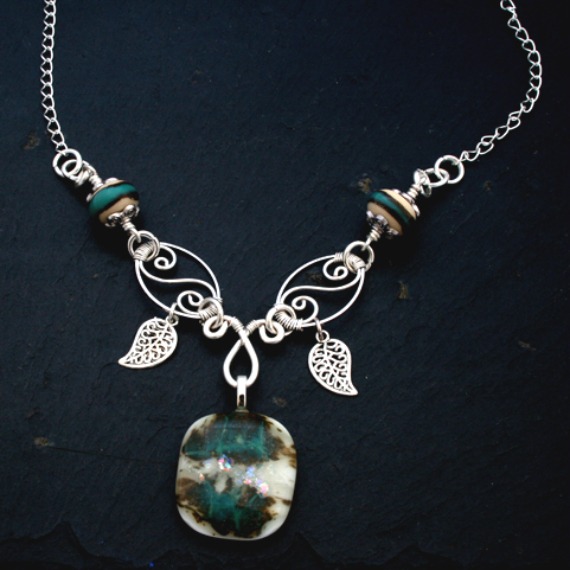 Handmade Green Wirework Necklaces with Fused Glass Pendant - Artisan Glass Beads And Leaf Charm Detail