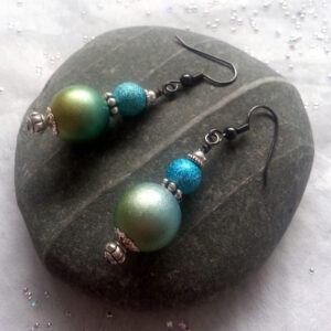 Handmade Green and Blue Drop Earrings - Shimmer Beaded Dangly Earrings with Stardust Accent