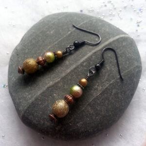 Handmade Green and Copper Drop Earrings - Beaded Dangly Earrings with Metallic and Stardust Finish