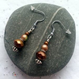 Handmade Green and Copper Drop Earrings - Faceted Beaded Dangly Earrings with Earthy Tones