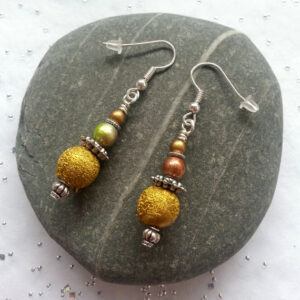 Handmade Green and Gold Beaded Drop Earrings - Elegant Dangly Earrings with Stardust and Metallic Beads