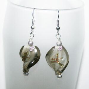 Handmade Grey Glass Twist Bead Drop Earrings - Elegant Dangly Jewellery with Floral Detail