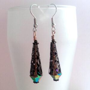 Handmade Gunmetal Filigree Drop Earrings - Dangly Rainbow Crystal Cone Earrings with Gothic Elegance