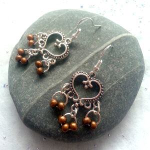 Handmade Heart-Shaped Chandelier Drop Earrings with Copper Beads - Romantic Boho Statement Jewellery