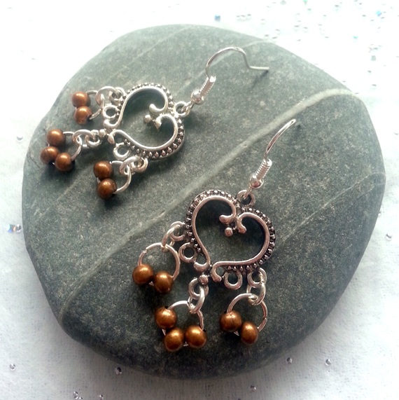 Handmade Heart-Shaped Chandelier Drop Earrings with Copper Beads - Romantic Boho Statement Jewellery