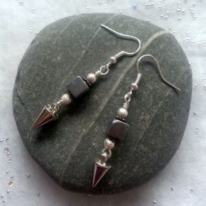 Handmade Hematite Cube and Silver Stardust Bead Dangly Drop Earrings - Modern Geometric Style