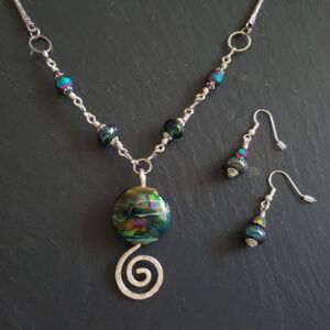 Handmade Iridescent Lampwork Glass Necklace And Earrings Set - Wirework Jewellery with Swirl Pendant