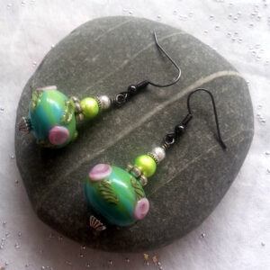 Handmade Lampwork Glass Flower Earrings - Green & Pink Drop Dangle Beaded Earrings