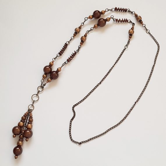 Handmade Long Copper and Bronze Wirework Necklace and Earring Set - Boho Beaded Jewellery