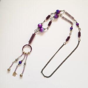 Handmade Long Purple Wirework Necklace with Beads and Charms - Boho Statement Jewellery