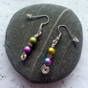 Handmade Multicoloured Glass Bead Drop Earrings with Wire Swirl - Bright And Unique Statement Jewellery