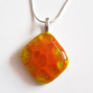 Handmade Orange And Lime Green Fused Glass Pendant Necklace - Unique Jewellery