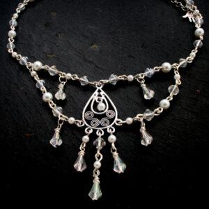 Handmade Pearl And Crystal Chandelier Necklace and Earring Set - Elegant Wirework Bridal Jewellery