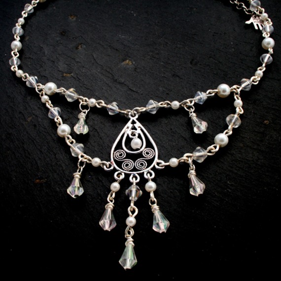 Handmade Pearl And Crystal Chandelier Necklace and Earring Set - Elegant Wirework Bridal Jewellery