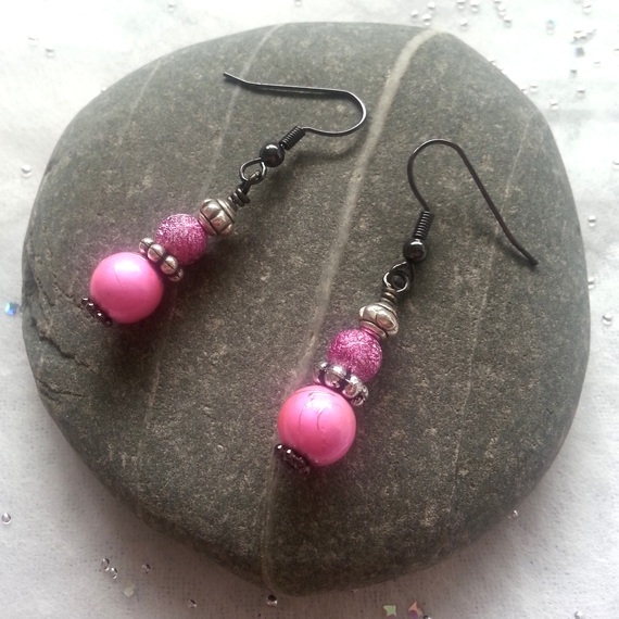 Handmade Pink Beaded Drop Earrings - Sparkly Dangly Earrings with Stardust and Silver Accents