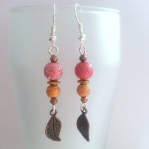 Handmade Pink and Gold Beaded Drop Earrings with Bronze Leaf Charms - Autumn-Inspired Dangly Earrings