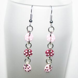 Handmade Pink and Maroon Polka Dot Button Drop Earrings – Lightweight Dangly Statement Jewellery