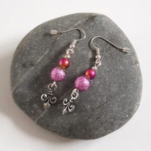Handmade Pink and Purple Beaded Drop Earrings with Fleur-de-Lis Charm - Lightweight Dangly Earrings