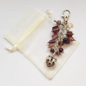 Handmade Purple Beaded Bag Charm with Silver Heart - Keyring or Bag Clip Gift for Her