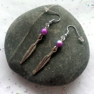 Handmade Purple Beaded Drop Earrings - Dangly Earrings with Silver Feather Charms