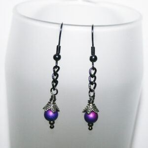 Handmade Purple Flower Earrings - Drop Dangly Airbrushed Beaded Earrings with Petal Caps