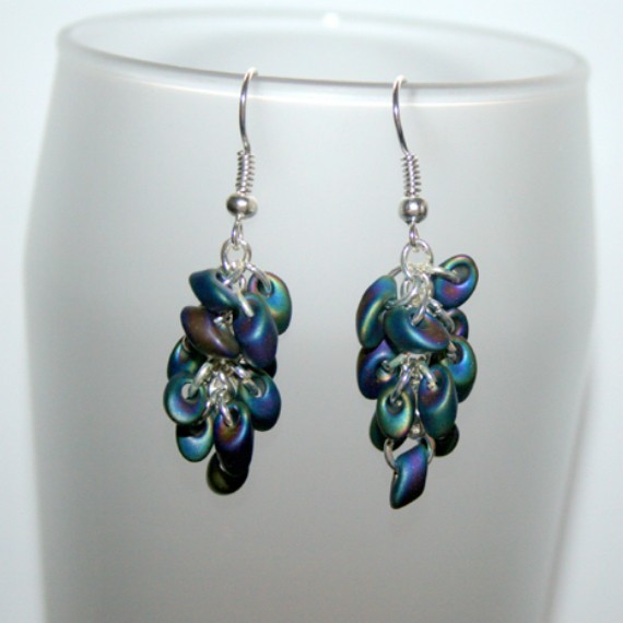 Handmade Purple Miyuki Bead Cluster Earrings - Textured Drop Dangle Earrings with Iridescent Finish