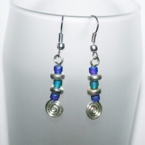 Handmade Purple and Teal Beaded Drop Earrings with Spiral Charm - Boho Dangly Earrings
