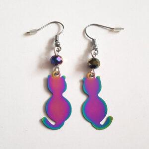 Handmade Rainbow Cat Earrings - Stainless Steel Dangle Jewellery for Cat Lovers