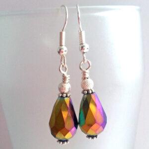 Handmade Rainbow Crystal Drop Earrings - Faceted Dangly Earrings with Iridescent Teardrop Beads