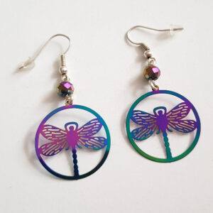 Handmade Rainbow Dragonfly Earrings - Stainless Steel Drop Dangle Jewellery
