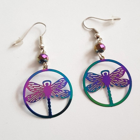 Handmade Rainbow Dragonfly Earrings - Stainless Steel Drop Dangle Jewellery