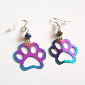 Handmade Rainbow Paw Print Earrings - Stainless Steel Pet Lover Dangle Jewellery