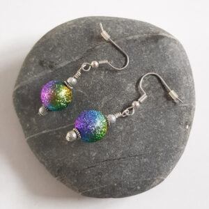 Handmade Rainbow Stardust Bead Dangly Drop Earrings - Bright Glitter Finish Statement Jewellery