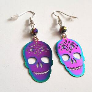Handmade Rainbow Sugar Skull Drop Earrings - Stainless Steel Dangle with Iridescent Charms