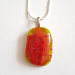 Handmade Red And Lime Green Fused Glass Pendant Necklace - Unique Jewellery