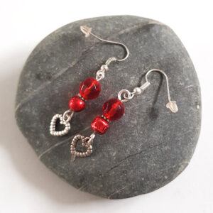 Handmade Red Beaded Drop Earrings - Dangly Earrings with Silver Heart Charms