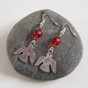 Handmade Red Beaded Drop Earrings with Native American Eagle Charms - Boho Dangly Spirit Bird Jewellery