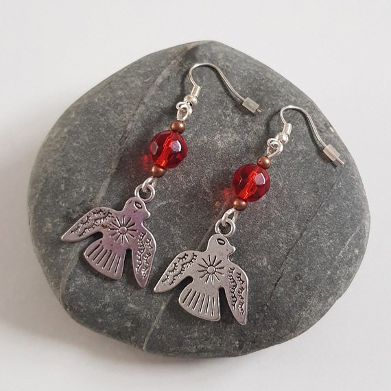 Handmade Red Beaded Drop Earrings with Native American Eagle Charms - Boho Dangly Spirit Bird Jewellery