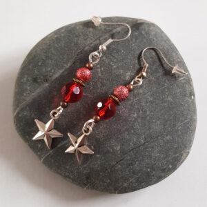 Handmade Red Beaded Drop Earrings with Silver Star Charms - Festive Dangly Earrings for All Seasons