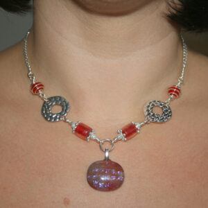 Handmade Red Beaded Necklace with Dichroic Fused Glass Pendant - Wirework Statement Jewellery with Silver Accents