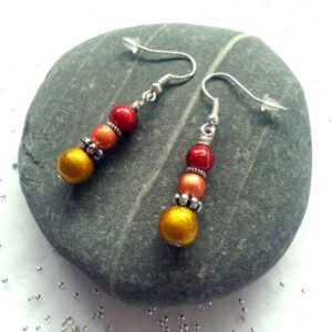 Handmade Red Orange And Yellow Beaded Drop Earrings - Vibrant Dangly Earrings with Warm Sunset Hues