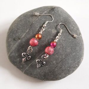 Handmade Red, Pink And Gold Beaded Drop Earrings with Fleur De Lis Charms - Elegant Dangly Statement Jewellery