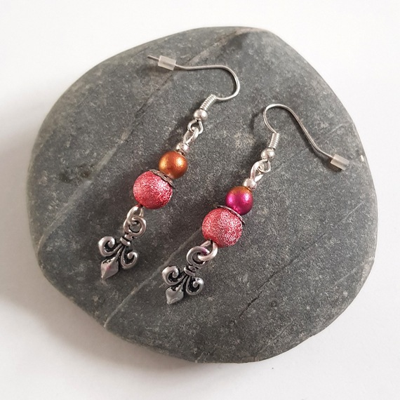 Handmade Red, Pink And Gold Beaded Drop Earrings with Fleur De Lis Charms - Elegant Dangly Statement Jewellery