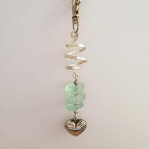Handmade Sea Glass Bag Charm with Silver Heart - Nautical Keychain with Spiral Accent