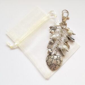 Handmade Silver Beaded Bag Charm with Puzzle Heart - Metallic Keyring or Bag Clip Gift